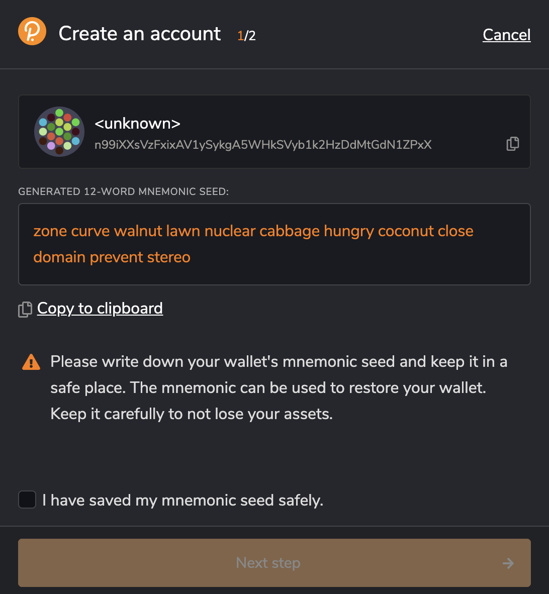 mnemonic seed for new account
